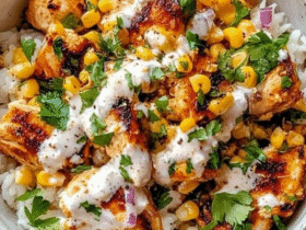 Street corn chicken rice bowl with seasoned chicken cubes, charred corn, white cotija crema, cilantro, red onion, lime over white rice