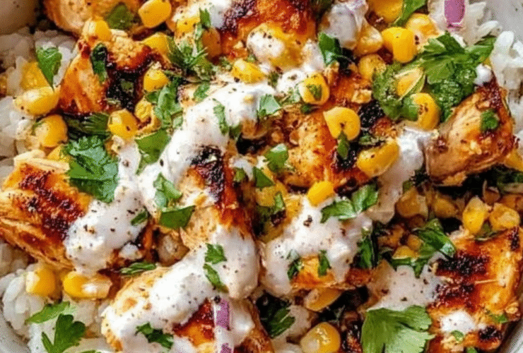Street corn chicken rice bowl with seasoned chicken cubes, charred corn, white cotija crema, cilantro, red onion, lime over white rice