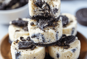 Oreo cheesecake bites on a white plate with crushed Oreo crust, creamy cheesecake filling, Oreo chunks, white chocolate drizzle, mini cookies