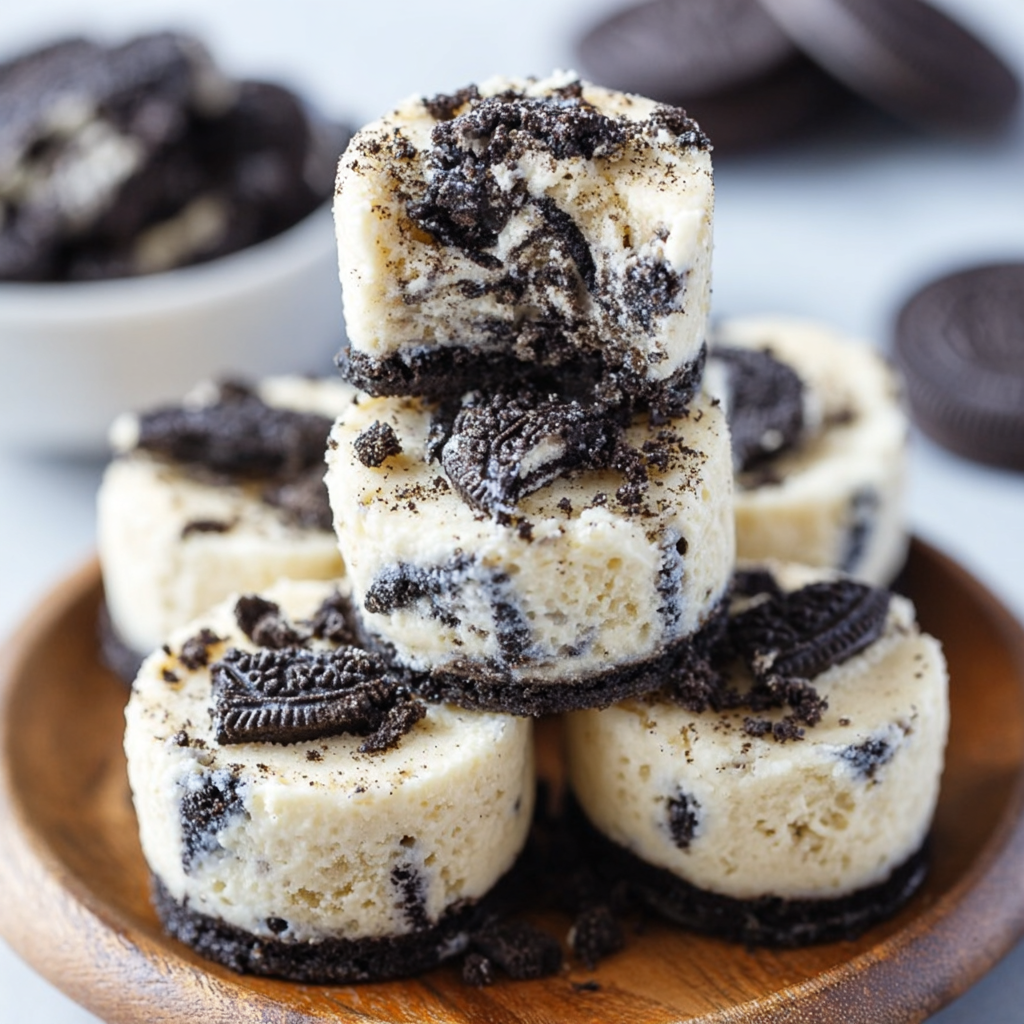 Oreo cheesecake bites on a white plate with crushed Oreo crust, creamy cheesecake filling, Oreo chunks, white chocolate drizzle, mini cookies