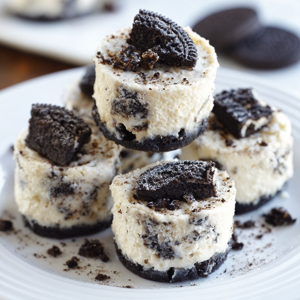 Close-up of no-bake Oreo cheesecake bite showing layered Oreo cookie base, creamy white cheesecake filling, Oreo crumbs and chocolate drizzle