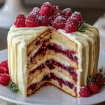 White chocolate raspberry layer cake on a cake stand with four layers, white chocolate buttercream, raspberry filling between layers, fresh raspberries on top