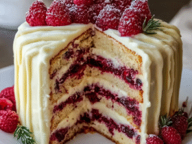 White chocolate raspberry layer cake on a cake stand with four layers, white chocolate buttercream, raspberry filling between layers, fresh raspberries on top
