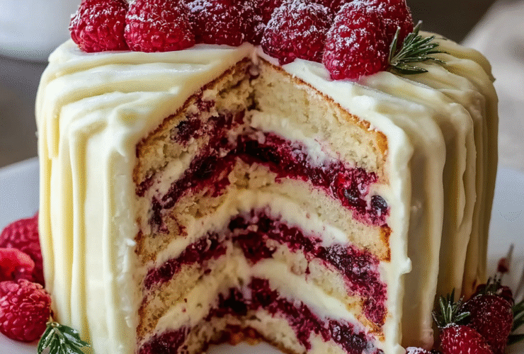 White chocolate raspberry layer cake on a cake stand with four layers, white chocolate buttercream, raspberry filling between layers, fresh raspberries on top
