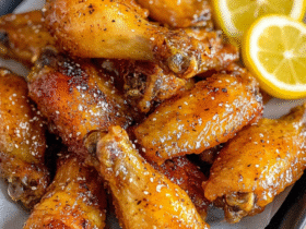 Honey lemon pepper wings in a black bowl with crispy golden glazed wings, lemon slices, fresh black pepper, garnished with chopped parsley