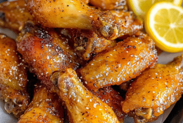 Honey lemon pepper wings in a black bowl with crispy golden glazed wings, lemon slices, fresh black pepper, garnished with chopped parsley
