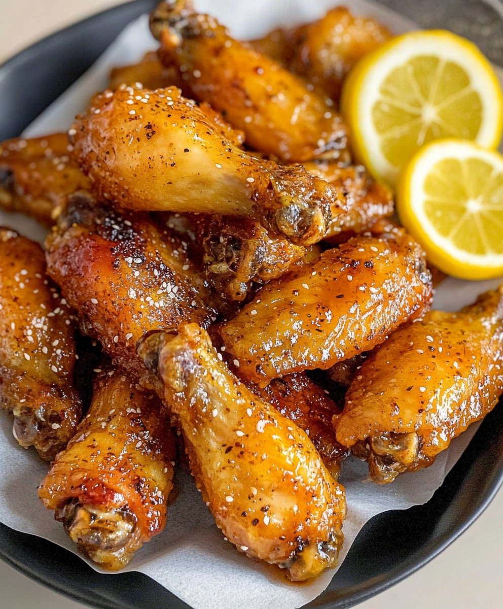 Honey lemon pepper wings in a black bowl with crispy golden glazed wings, lemon slices, fresh black pepper, garnished with chopped parsley