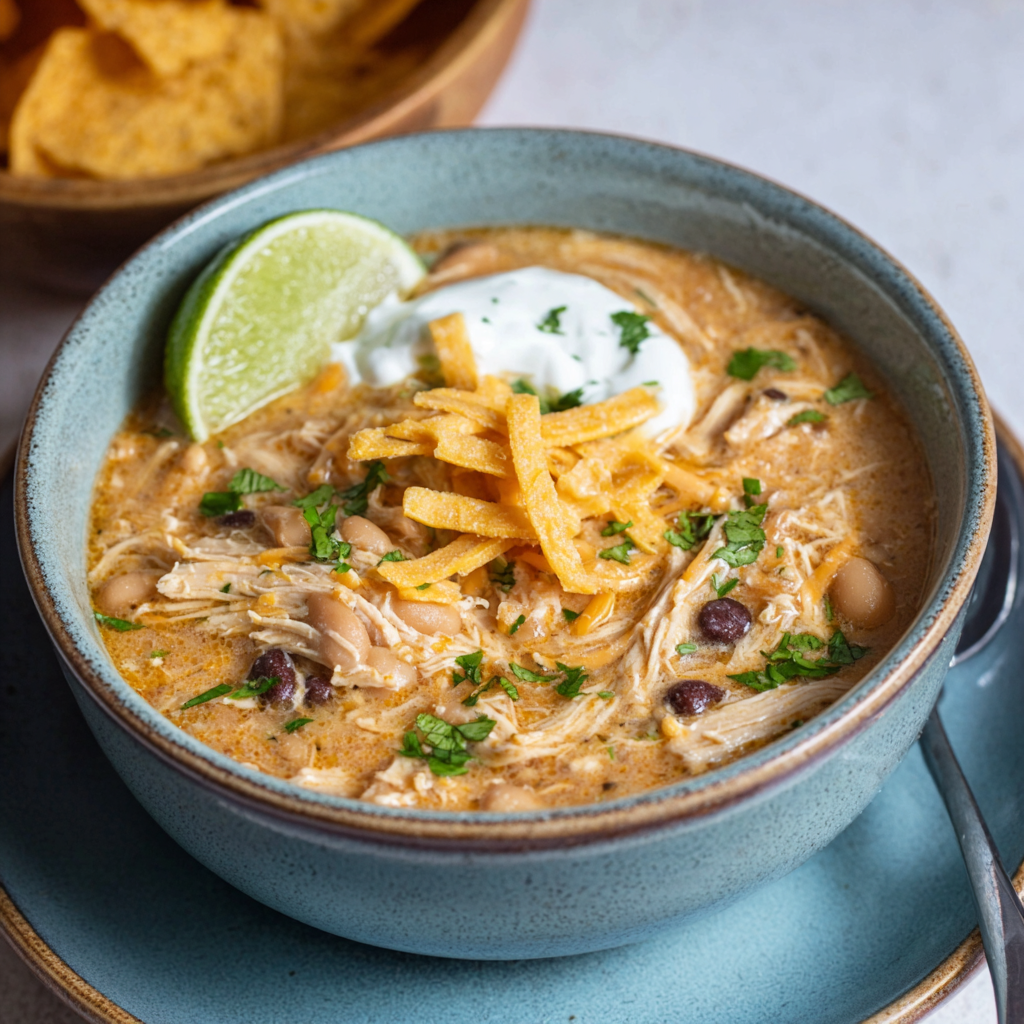 White chicken chili in a rustic bowl with shredded chicken, white beans, green chiles, creamy broth, topped with cheese, cilantro, lime, tortilla strips