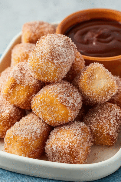 Sweet air fryer churro bites coated in cinnamon sugar on a white plate with chocolate dipping sauce, golden crispy outside and pillowy inside