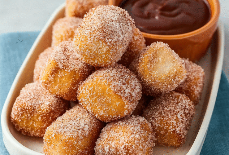 Sweet air fryer churro bites coated in cinnamon sugar on a white plate with chocolate dipping sauce, golden crispy outside and pillowy inside