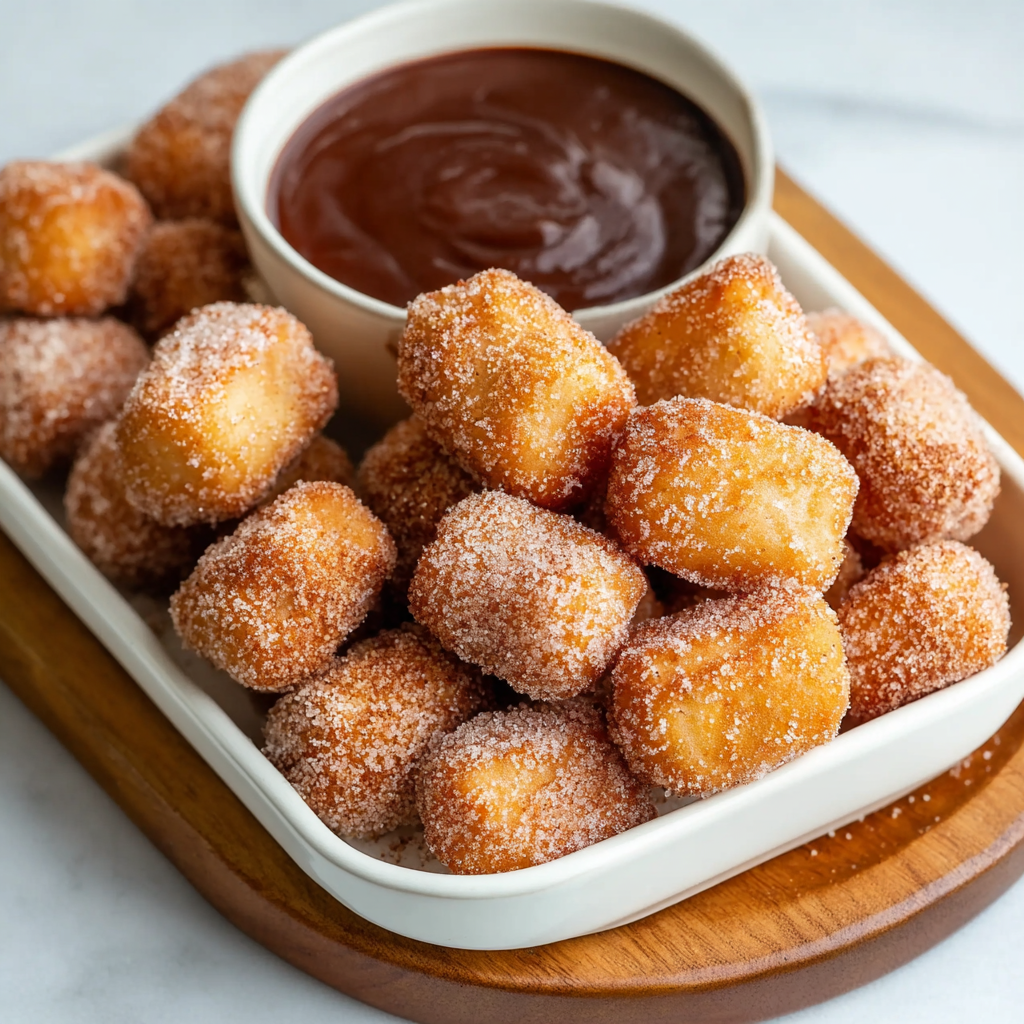 Close-up of air fryer churros showing ridged star-tip shape, cinnamon-sugar coating, crispy golden exterior, chocolate sauce drizzle