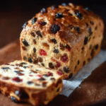 Best fruit bread loaf on a wooden board sliced to show moist interior packed with banana, blueberries, raspberries and walnuts, golden crust