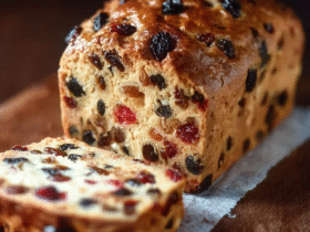 Best fruit bread loaf on a wooden board sliced to show moist interior packed with banana, blueberries, raspberries and walnuts, golden crust