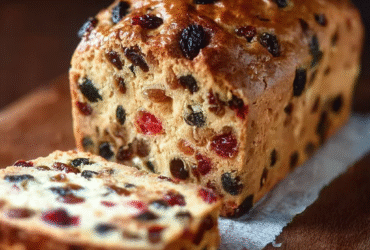 Best fruit bread loaf on a wooden board sliced to show moist interior packed with banana, blueberries, raspberries and walnuts, golden crust