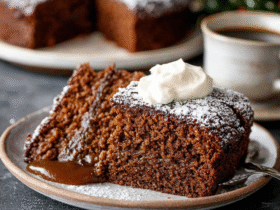 Old-fashioned gingerbread loaf cooling on a wire rack with crackled top, dusted with powdered sugar, fresh ginger and cinnamon sticks beside it