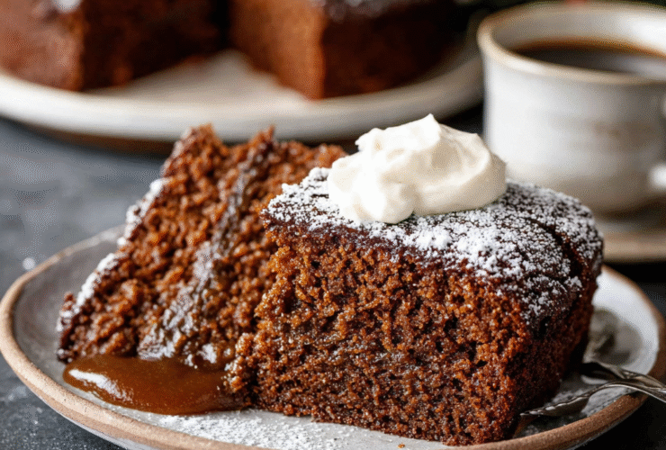 Old-fashioned gingerbread loaf cooling on a wire rack with crackled top, dusted with powdered sugar, fresh ginger and cinnamon sticks beside it