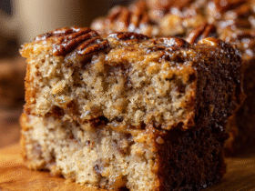 Sweet Alabama pecanbread cut into squares on a wooden board with golden crust, visible pecan pieces, and powdered sugar dust