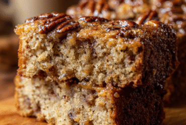 Sweet Alabama pecanbread cut into squares on a wooden board with golden crust, visible pecan pieces, and powdered sugar dust