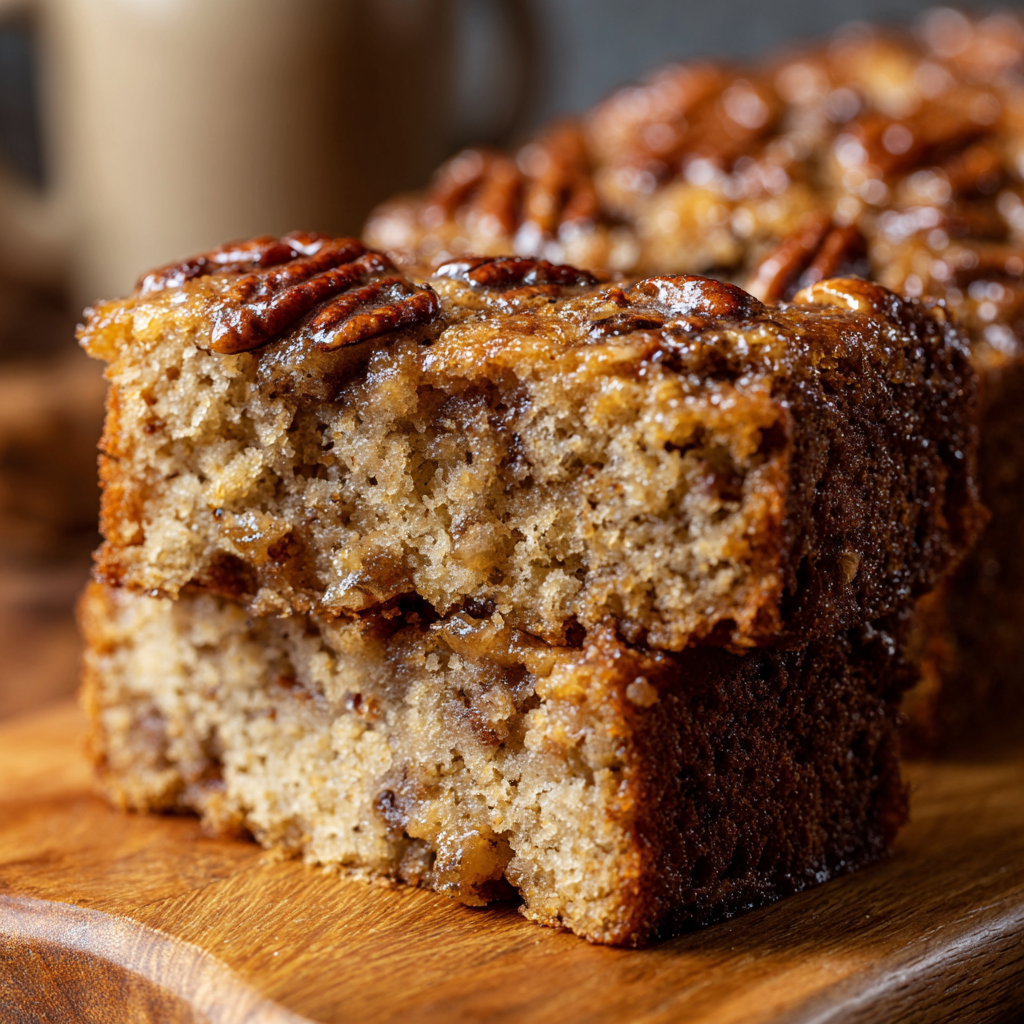 Sweet Alabama pecanbread cut into squares on a wooden board with golden crust, visible pecan pieces, and powdered sugar dust