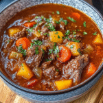 Classic homemade beef stew in a rustic blue bowl with chunks of tender beef, carrots, potatoes, celery in deep brown gravy, garnished with parsley
