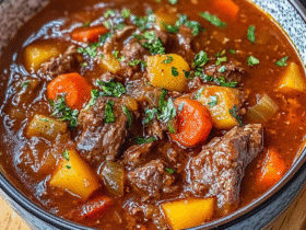 Classic homemade beef stew in a rustic blue bowl with chunks of tender beef, carrots, potatoes, celery in deep brown gravy, garnished with parsley