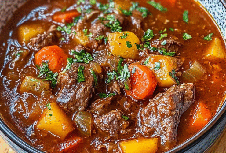 Classic homemade beef stew in a rustic blue bowl with chunks of tender beef, carrots, potatoes, celery in deep brown gravy, garnished with parsley