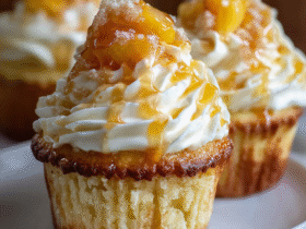 Honey peach cream cheese cupcakes on a white platter with cream cheese frosting swirls, honey-glazed peach pieces on top, golden honey drizzle