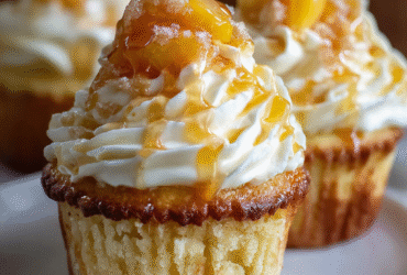 Honey peach cream cheese cupcakes on a white platter with cream cheese frosting swirls, honey-glazed peach pieces on top, golden honey drizzle