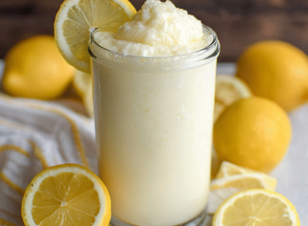 Chick-fil-A frosted lemonade copycat in a tall glass with thick creamy texture, lemon slice on the rim, pale yellow color, whipped cream on top