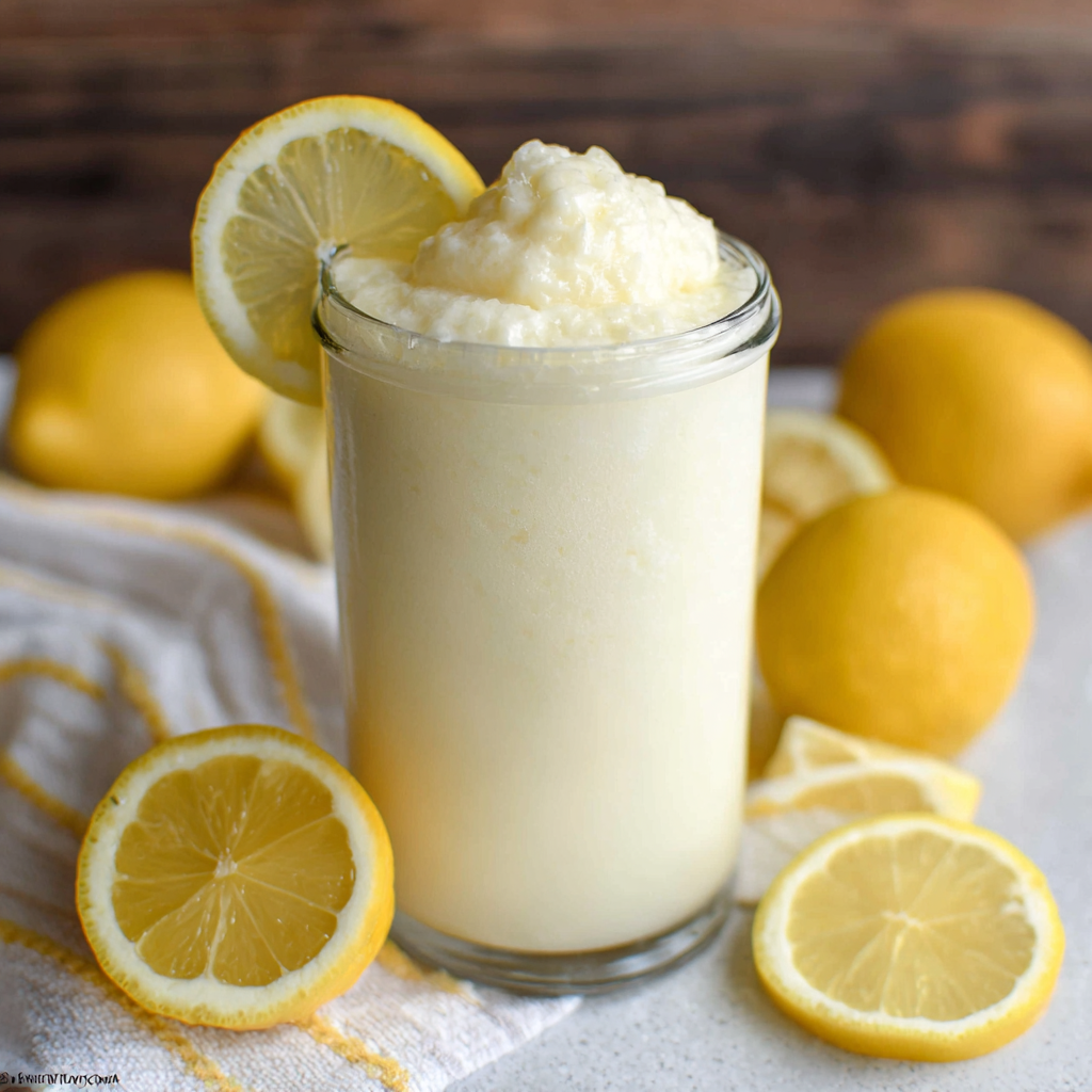 Chick-fil-A frosted lemonade copycat in a tall glass with thick creamy texture, lemon slice on the rim, pale yellow color, whipped cream on top