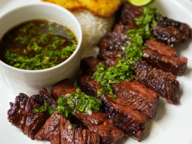 Churrasco skirt steak sliced against the grain on a wooden cutting board, charred edges, pink center, vibrant green chimichurri sauce in a bowl beside