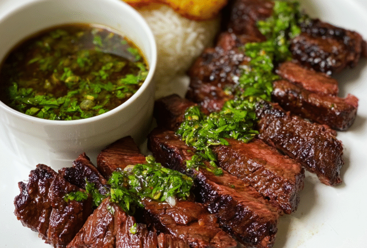 Churrasco skirt steak sliced against the grain on a wooden cutting board, charred edges, pink center, vibrant green chimichurri sauce in a bowl beside