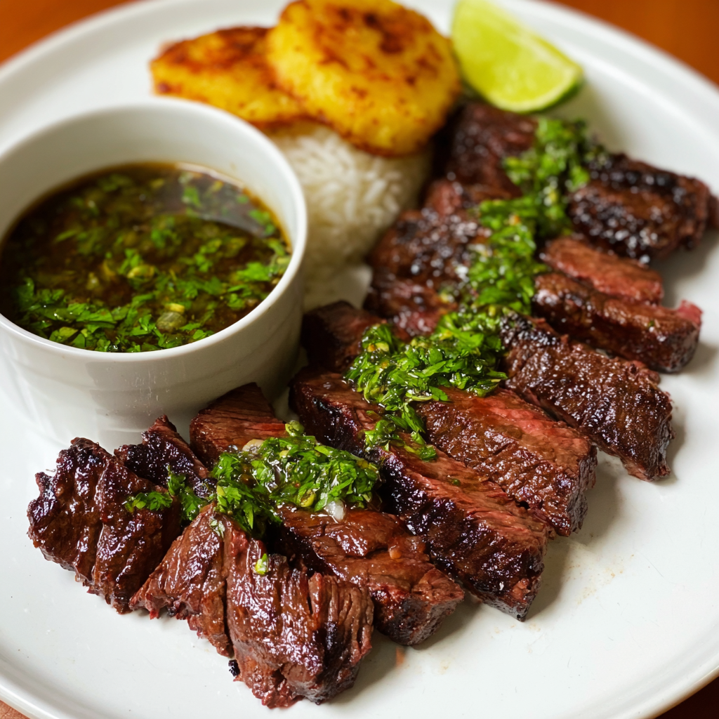 Churrasco skirt steak sliced against the grain on a wooden cutting board, charred edges, pink center, vibrant green chimichurri sauce in a bowl beside