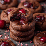 Chocolate cherry cookies stacked on a dark surface with fudgy chocolate cookies, glossy chocolate ganache pools, whole cherries on top