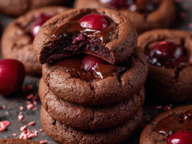 Chocolate cherry cookies stacked on a dark surface with fudgy chocolate cookies, glossy chocolate ganache pools, whole cherries on top