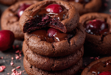 Chocolate cherry cookies stacked on a dark surface with fudgy chocolate cookies, glossy chocolate ganache pools, whole cherries on top