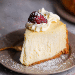 Classic New York cheesecake slice on a small plate showing dense creamy filling, golden graham cracker crust, fresh raspberry and dusting of powdered sugar