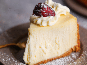 Classic New York cheesecake slice on a small plate showing dense creamy filling, golden graham cracker crust, fresh raspberry and dusting of powdered sugar