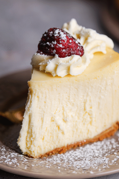 Classic New York cheesecake slice on a small plate showing dense creamy filling, golden graham cracker crust, fresh raspberry and dusting of powdered sugar