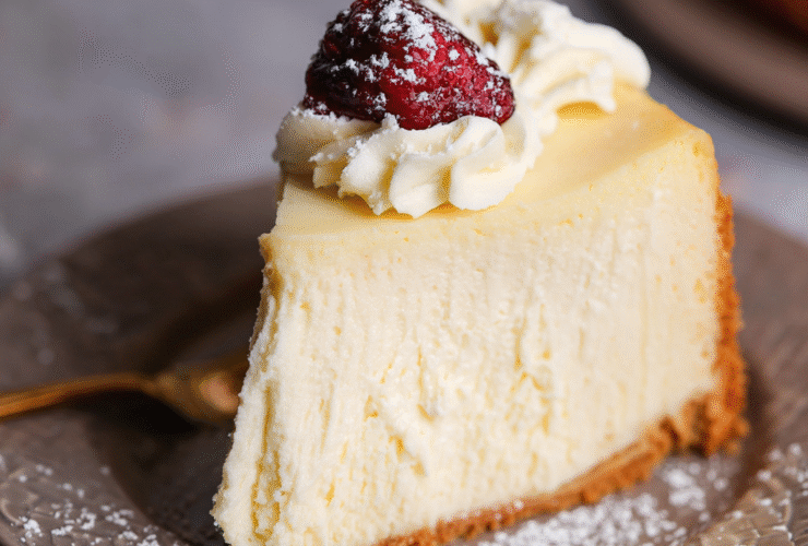 Classic New York cheesecake slice on a small plate showing dense creamy filling, golden graham cracker crust, fresh raspberry and dusting of powdered sugar