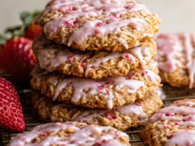 Strawberry iced oatmeal cookies on a white plate with pink strawberry glaze drizzled in zigzags, chewy oatmeal cookies, fresh strawberry slices