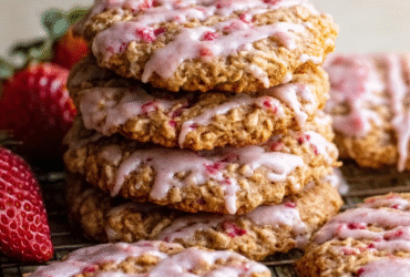 Strawberry iced oatmeal cookies on a white plate with pink strawberry glaze drizzled in zigzags, chewy oatmeal cookies, fresh strawberry slices