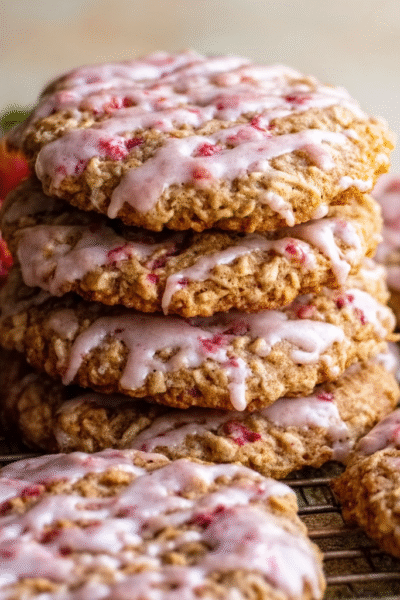 Strawberry iced oatmeal cookies on a white plate with pink strawberry glaze drizzled in zigzags, chewy oatmeal cookies, fresh strawberry slices