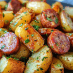 Sausage and potatoes skillet with sliced smoked kielbasa, golden crispy baby potatoes, parsley, served in a dark plate