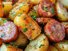 Sausage and potatoes skillet with sliced smoked kielbasa, golden crispy baby potatoes, parsley, served in a dark plate