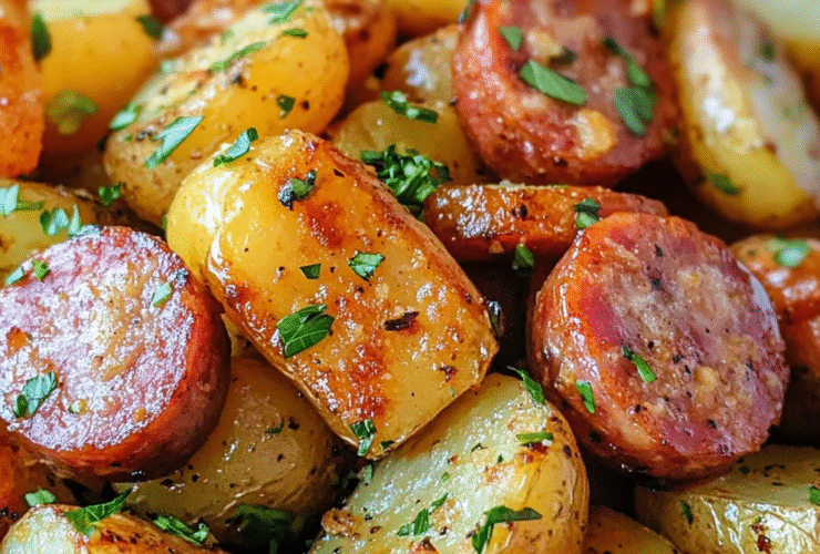 Sausage and potatoes skillet with sliced smoked kielbasa, golden crispy baby potatoes, parsley, served in a dark plate