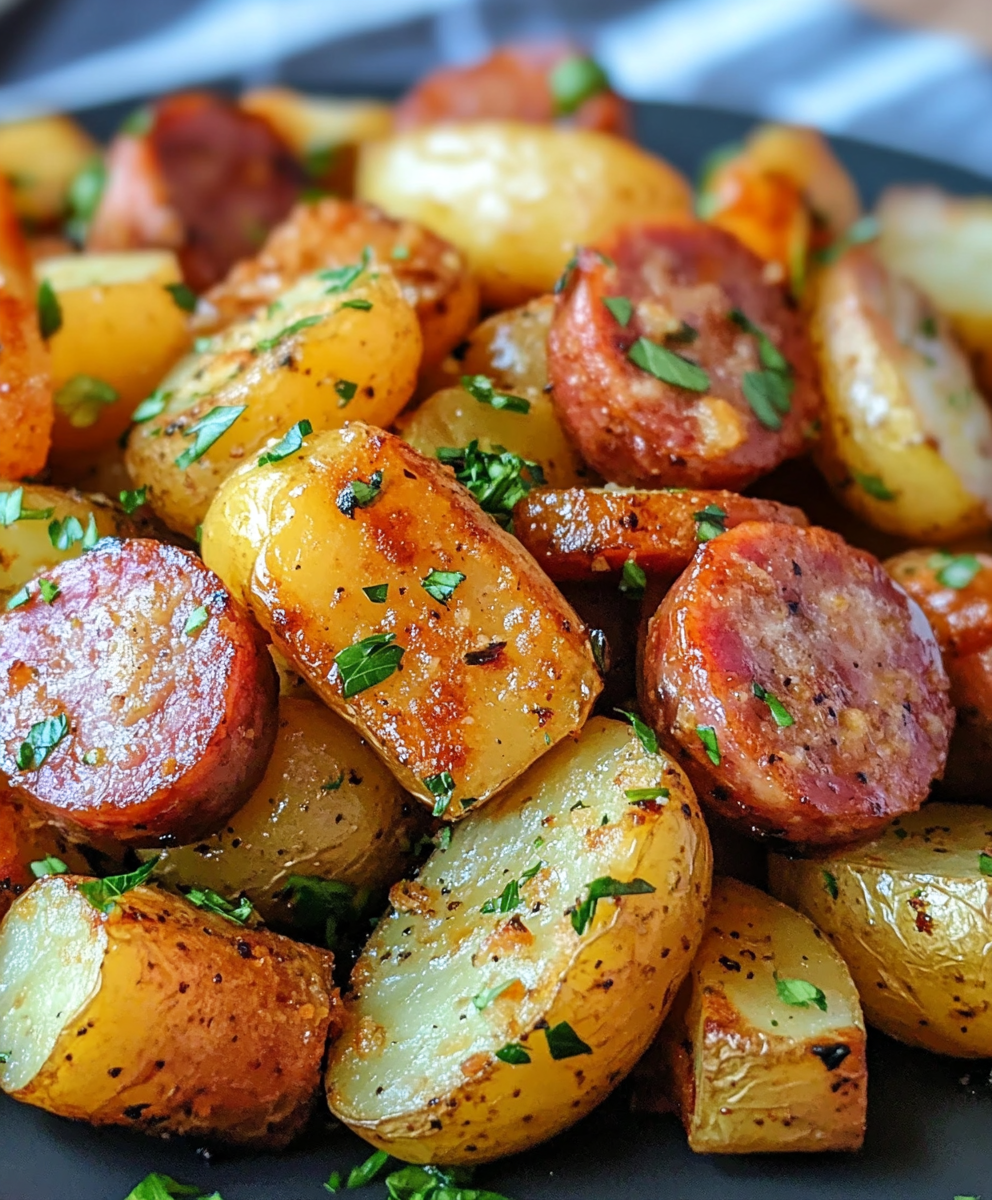 Sausage and potatoes skillet with sliced smoked kielbasa, golden crispy baby potatoes, parsley, served in a dark plate
