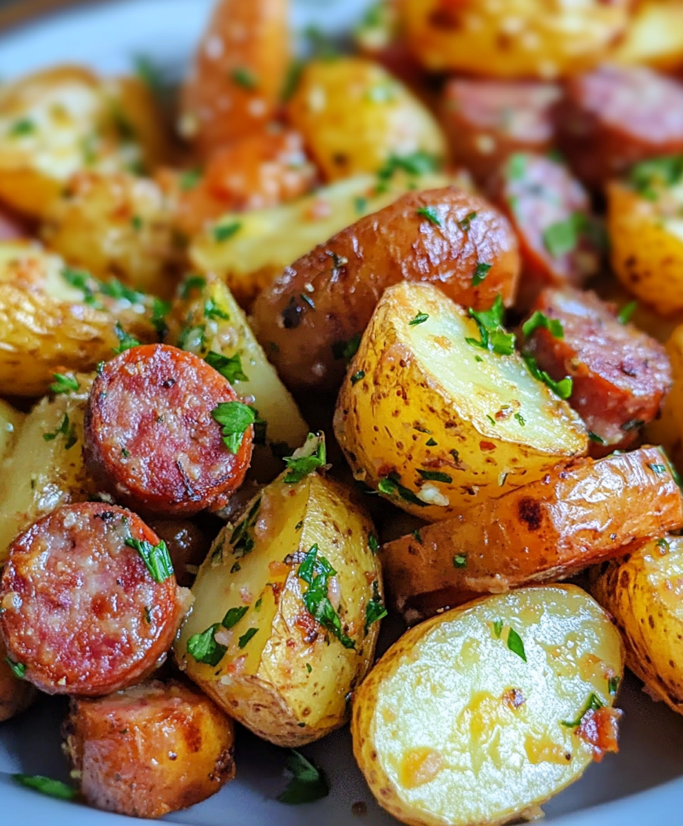 Close-up of sausage and potatoes showing crispy potato edges, caramelized kielbasa slices, melted garlic butter, fresh herbs