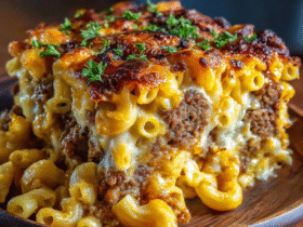 Mac and cheese meatloaf sliced to show golden cheesy macaroni stuffed inside seasoned beef meatloaf with ketchup-brown sugar glaze on top