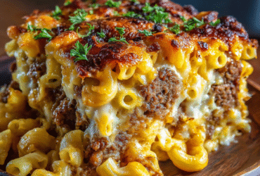 Mac and cheese meatloaf sliced to show golden cheesy macaroni stuffed inside seasoned beef meatloaf with ketchup-brown sugar glaze on top